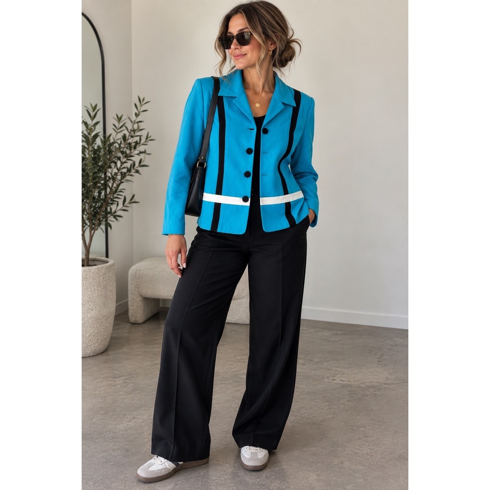 Koret Dress Womens Turquoise Blue Graphic Stripe Button Front Blazer Jacket 10
